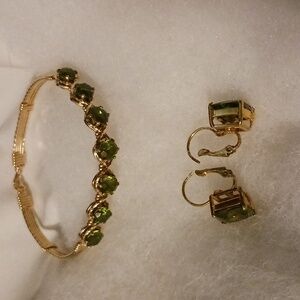 Vintage Earrings and Bracelet-  faux Peridot and Gold Tone - Like new